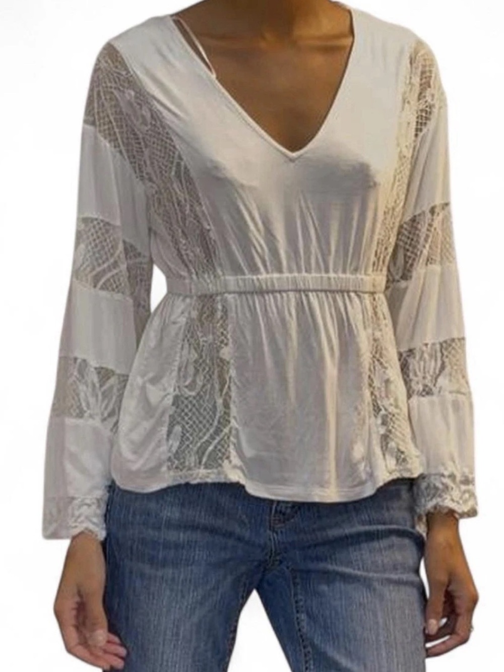 GUESS Y2K White Lace Boho Bell Sleeve V Neck Top Festival Cottagecore Babydoll S